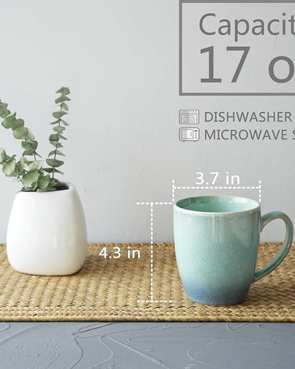 Bosmarlin Ceramic Coffee Mug Set of 4, 17 Oz, Coffee Cups with Big Handle, Microwave Safe, Unique Reactive Glaze (Pale Green, 17 Oz)
