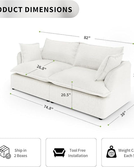 Loveseat Cloud Modular Sectional Sofa, 2 Seater Convertible Deep Seat Sectional Couch, Cozy Down Fill Sofa, Detachable Couch Cushion Covers, Corner Sofa for Living Room, Office, Cream White