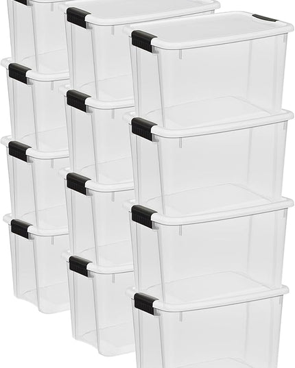 Sterilite 12-Pack Ultra Latching Box, Storage Bins with Lids, Clear Plastic, 30 Quart - Heavy-Duty Organizing Containers for Closet, Bathroom, and Office