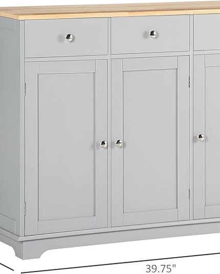 HOMCOM Sideboard with Solid Wood Countertop, Modern Kitchen Storage Cabinet, Coffee Bar Cabinet with 3 Drawers, Doors and Adjustable Shelf, Gray