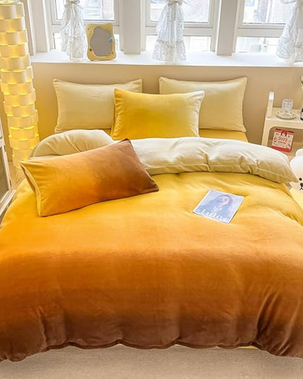 CLOTHKNOW Dark Orange Fluffy Queen Comforter Set Velvet Bedding Comforter Sets Dark Yellow Queen Comforter Soft Caramel Comforter Sets Queen