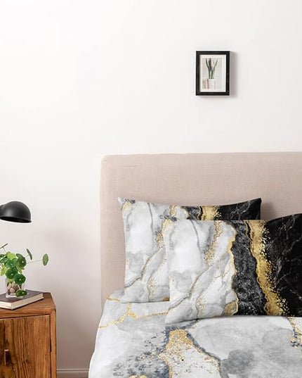 Black Gray and Gold Metallic Marble Duvet Cover Set Queen Size Foil Print Glitter Bedding Comforter Covers with 2 Pillow Shams Breathable Durable Soft Comfy