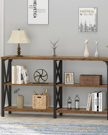 IBF Rustic Console Table for Entryway, Farmhouse Wood Sofa Table with Storage, Industrial Open Entry Table for Hallway, Modern Foyer Tables Behind Couch Shelf for Home Living Room, Rustic Brown, 55 In