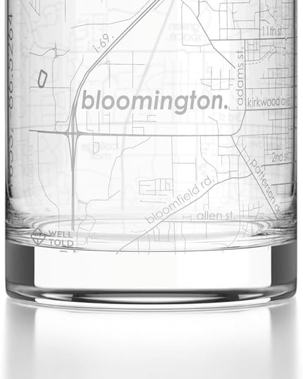 Well Told Engraved Bloomington Indiana Map Rocks Glass, Old Fashioned Glassware (11 oz, Clear) Etched Bourbon Tumbler, Gifts For Whiskey Lovers