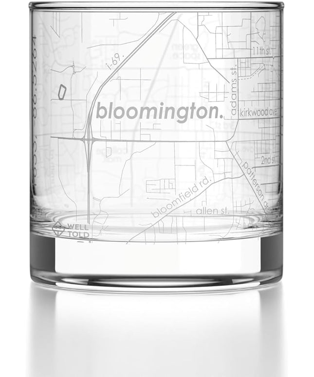 Well Told Engraved Bloomington Indiana Map Rocks Glass, Old Fashioned Glassware (11 oz, Clear) Etched Bourbon Tumbler, Gifts For Whiskey Lovers