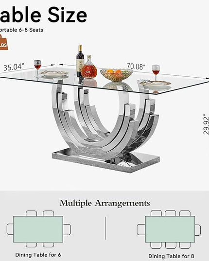 Goujxcy 70" Modern Glass Dining Table for 6-8, Luxury Silver Glass Dining Room Table with Mirrored Ring-Shape Stainless Steel Base, Rectangle Kitchen Dinner Tables for Dining Room Kitchen