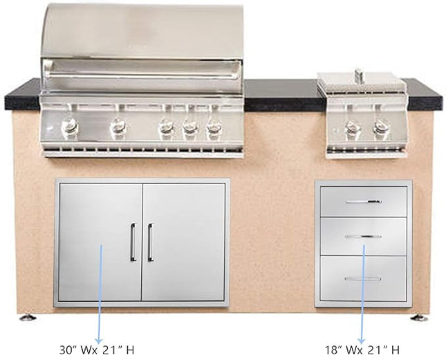 Outdoor Kitchen Drawers Stainless Steel 3-Drawer BBQ Drawer 18" W x 21" H x 23" D Enclosed Built-in Drawer Flush Mount for Outdoor Kitchens & BBQ Islands