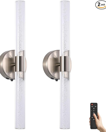 Modern LED Battery Operated Wall Sconces Set of Two, Dimmable Bathroom Crystal Wall Sconce, USB Rechargeable Brushed Nickel Vanity Wall Lamp, Bubble Wall Lights For Bedroom, Living Room. 20-Inch