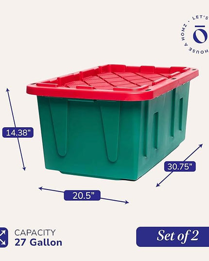 HOMZ 2-Pack Durabilt, Heavy Duty Plastic Storage Bins with Lids, 27 Gallon, Green/Red - Stackable Container Boxes for Holiday, Attic, and Garage Organization