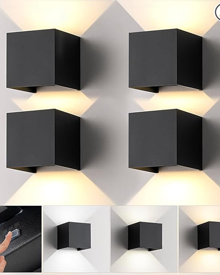 4 Pack LED Outdoor Wall Sconces Exterior/Interior,Modern Black Square Aluminum Wall Light Fixture Set,Variable Beam IP65 Waterproof Lights.15W 3-Color-Changeable Up and Down Outdoor Lighting Fixtures.