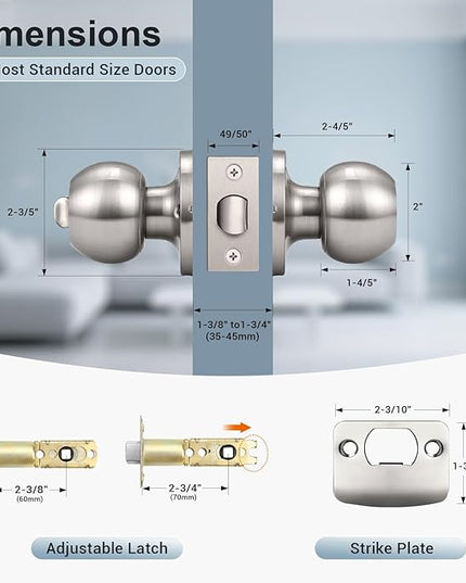 KNOBWELL Brushed Nickel Door Knob for Bedroom Bathroom, Interior Door Knobs with Round Ball Knob, Keyless Privacy Door Knob with Lock, Satin Nickel Indoor Door Knob, 12 Pack