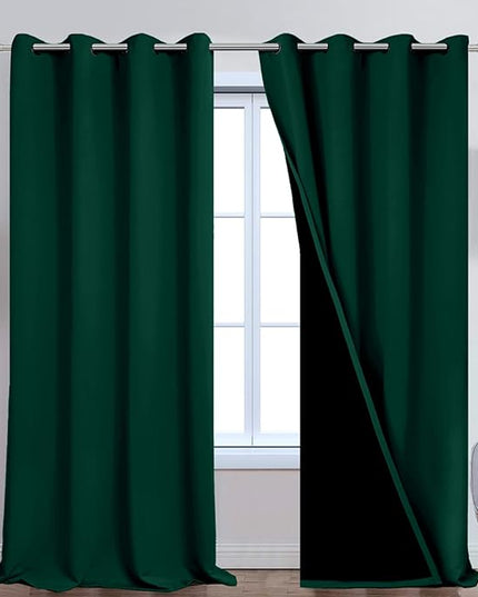 Yakamok 108 Inch Length 100% Blackout Window Curtain Panels, Full Light Blocking Drapes with Black Liner Thermal Insulated Drapes for Bedroom(52Wx108L,Dark Green, 2 Panels)