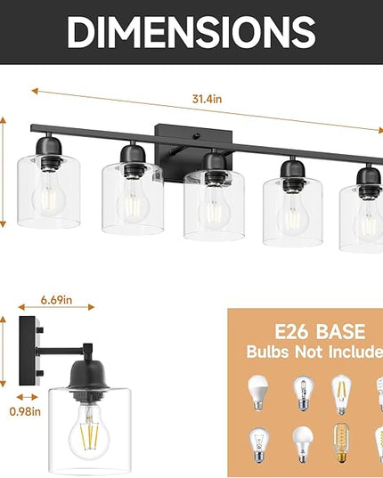 Modern 5 Light Bathroom Vanity Light, 31 inch Black Bathroom Lights Fixtures, Vanity Lights with Clear Glass for Mirror Kitchen Living Room Hallway Cabinet Porch
