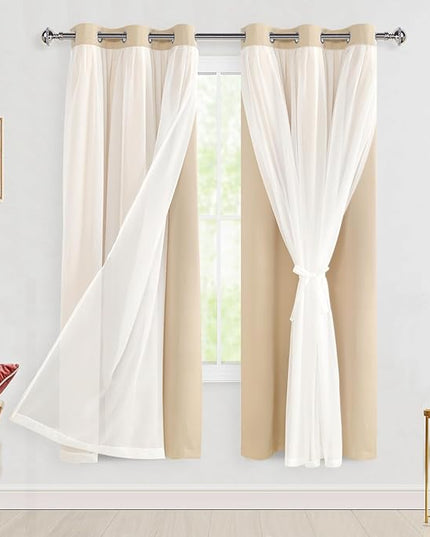 Hiasan Blackout Curtains with Sheer Overlay, Grommet Thermal Insulated Privacy Mix and Match Double Layer Window Curtains for Girls Bedroom, Living Room, 2 Drape Panels with Tiebacks, Beige, 42W X 63L