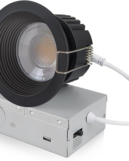 3 Inch 5CCT Anti-Glare LED Recessed Lights with Junction Box, 2700K/3000K/3500K/4000K/5000K Selectable, 12W 1260LM CRI90+, Dimmable Canless Waterproof Downlight, ETL & FCC（Black, 1 Pack）