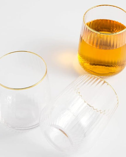 Lysenn Stemless Wine Glasses Set of 4 - Premium Hand Blown Drinking Glasses for White and Red Wine - Elegant Vertical Stripe and Gold Rim Design - Clear 15oz
