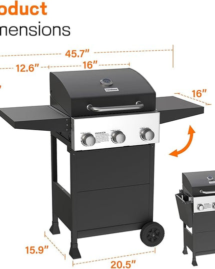 Veralune 3 Burner Propane Gas Grill, 36,000 BTU Stainless Steel Outdoor BBQ Grill with Built-In Thermometer, Lid, Foldable Side Shelves & Wheels for Patio, Garden & Backyard Cooking