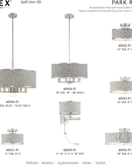 Livex Lighting 60423-91 Park Ridge Collection 3-Light Semi Flush Mount Ceiling Light with Oatmeal Color Hardback Fabric Shade, Brushed Nickel, 15 x 15 x 8
