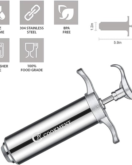 JY COOKMENT Meat Injector Syringe - Flavor Injector with 3 Stainless Steel Professional Needles;2pcs Cleaning Brush for BBQ Grill Smoker 2-oz Large Capacity Barrel