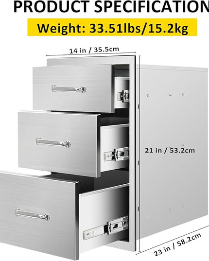 Outdoor Kitchen Drawers 14" W x 21" H x 23" D Flush Mount Triple BBQ Drawers with Chrome Handle Stainless Steel Drawer for Outdoor Kitchen Island, Patio Grill Station