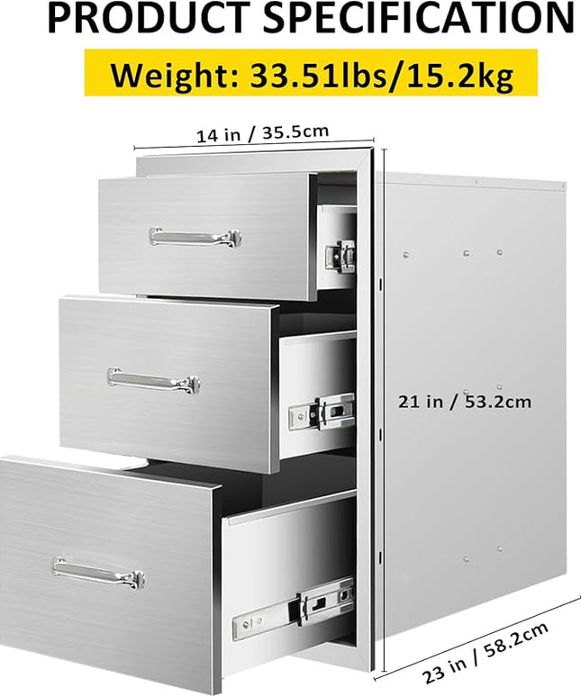 Outdoor Kitchen Drawers 14" W x 21" H x 23" D Flush Mount Triple BBQ Drawers with Chrome Handle Stainless Steel Drawer for Outdoor Kitchen Island, Patio Grill Station