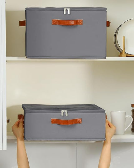 2 Pack Coffee Mug Storage Box with Dividers, Stackable China Storage Containers with Lid, Zipper, and Handles for 32 Mugs and Cups, Mug Storage Organizer for Packing & Moving, Gray
