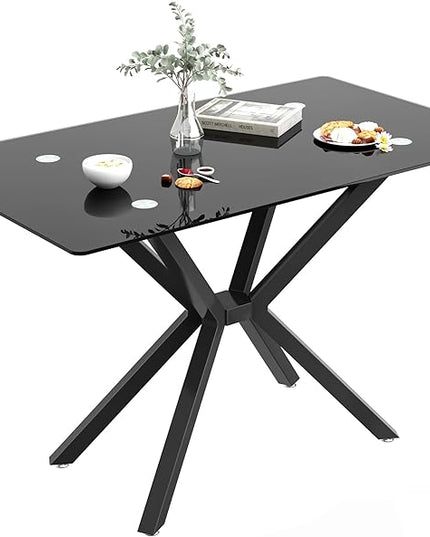 47.24" Rectangular Glass Dining Table Modern Kitchen Glass Top Table for 4 with Black Metal Legs, Clear Dining Table Kitchen Table for Home Office Dining Room
