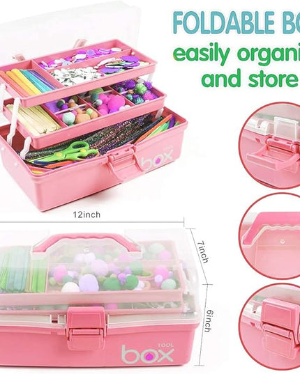 12in 3-Layer Plastic Craft Organizers and Storage, Portable Folding Tackle Box with Handle & Adjustable Dividers, Multipurpose Case for Sewing, Art Supplies, Medicine, Tools (Pink)