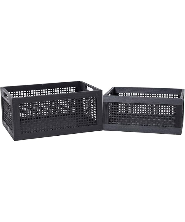 Wooden Storage Baskets,Black Woven Bamboo Basket Nesting Boxes with Built-in Handle for Pantry, Kitchen,Living Room,Shelves,Set of 2