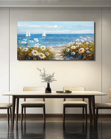 PHAOHUAXM Wall Art For Dining Room Kitchen Blue Ocean Landscape Painting Art Pictures Living Room Decor Vintage Landscape Canvas Print Suitable For Bedroom Office Farmhouse Wall Decoration 24x48 In