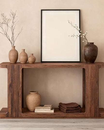 OKD 63 Inch Modern Entryway Console Table, 2-Tier Long Sofa Table Behind Couch with Curved Edge, Wood Farmhouse Narrow Entry Table for Hallway, Living Room, Foyer, Entrance, Rustic Walnut