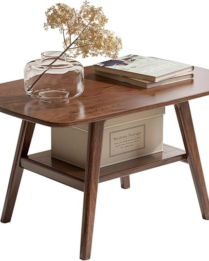 100% Solid Oak Wood Coffee Table for Living Room, 2-Tier Small Table with Storage Shelf, Mid Century Modern Coffee Tables (Walnut, 31.49" x 19.68" x 17.32")