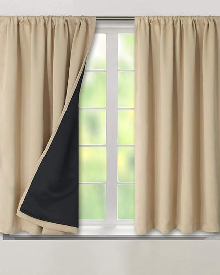 BGment Thermal Insulated 100% Blackout Curtains for Bedroom with Black Liner, Double Layer Full Room Darkening Noise Reducing Rod Pocket Curtain (52 x 45 Inch, Beige, 2 Panels)