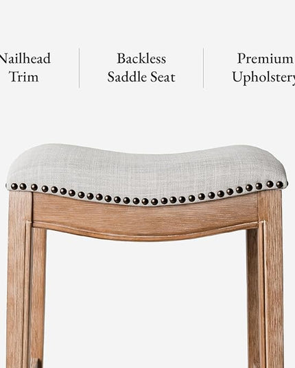 Maven Lane Adrien Backless Bar Stool – 31 Inch Saddle Seat with Footrest – Brown Solid Wood Frame & Natural Fabric Upholstery – Ideal for Bars, Pub Tables & Tall Kitchen Counters