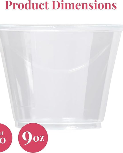 Prestee Clear Plastic Cups – 9oz Disposable PET Water, Wine, and Drink Glasses – Crystal Clear, Durable, Recyclable Party Cups – 100 Count for Holiday, Events, Coffee Shops, Restaurants