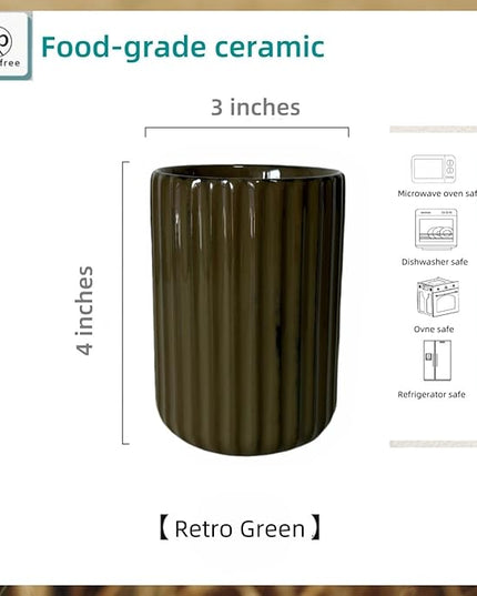 Stoneware Coffee Bar Utensil Holder Tea & Coffee Spoon & Stirrer Holder for Stir Stick Straw Teaspoon Holder Spoon Cup Small Utensil Jar Fluted Vertical Stripe (Retro Green)