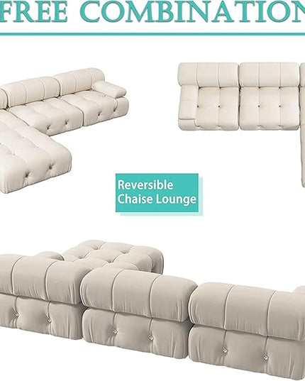JACH L-Shaped Sectional Couch, 104'' Minimalist Velvet Floor Sofas Couches, Mid-Century Modular Sectional Sofa with Reversible Chaise Ottoman for Living Room, Apartment (3-Seat, 1 Ottoman, Beige)