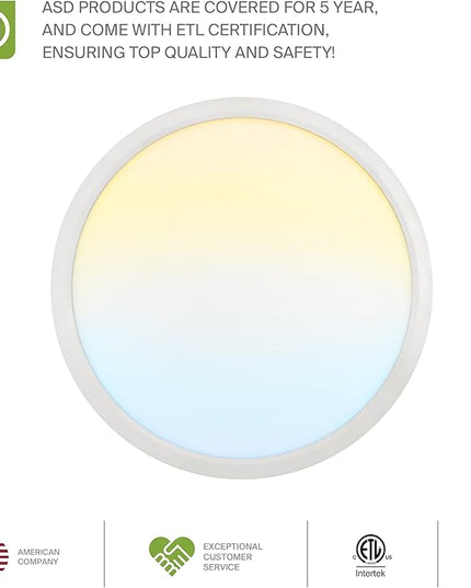 ASD LED 15" Round Flush Mount Ceiling Light Fixture, Low Profile Surface Lighting | 5CCT, Dimmable, Ultra-Thin, ETL Listed | 28W 2300LM 2700-6000K 100-277V | Kitchen, Hallway Lamp | White, 6 Pack