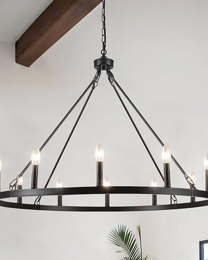 Wagon Wheel Chandelier 12 Lights 38" Large Black Farmhouse Chandelier for Dining Room Chandelier Rustic Country Pendant Light Fixtures Round Chandeliers for Living Room Outdoor High Ceilings Foyer
