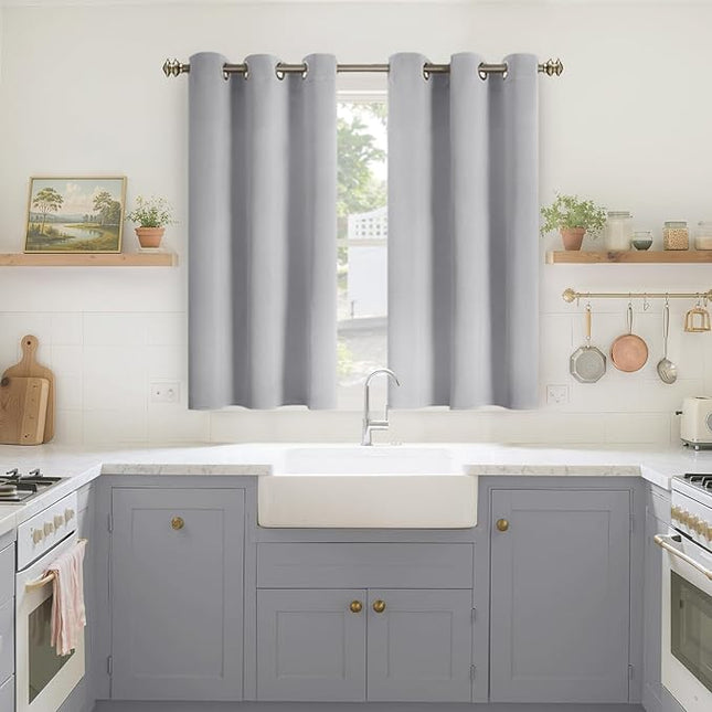 YoungsTex Light Grey Blackout Curtains 48 Inch Length for Bedroom Kitchen Window - Short Thermal Insulated Drapes with Grommet Darkening Privacy for Bathroom Living Room, 2 Panels, 42 x 48 Inch