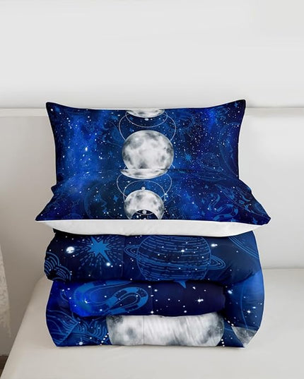 Sun and Moon Kids Comforter Set Queen Size,Starry Sky Galaxy Planet Trippy Bedding Set,Boys Girls Adults Room Decor,Hassam Hand Dead Snake Boho Exotic Down Comforter,Blue Duvet Insert,2 Pillowcases