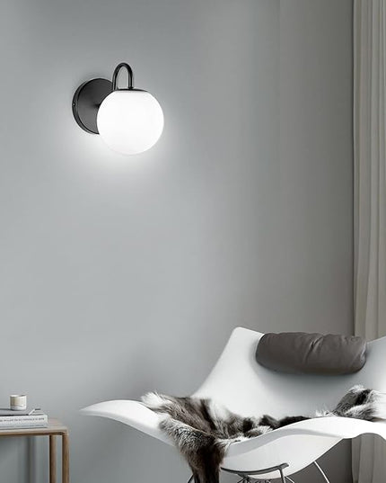Industrial Bedroom Wall Sconce Black Indoor Wall Light Fixture Milk White Globe Glass Wall Lamp for Bathroom Kitchen Living Room Vanity Hallway (Exclude Bulb)