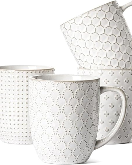 LE TAUCI Coffee Mugs 16 oz,Ceramic Mug Set, Embossment Cups for Latte, Hot Tea, Cappuccino, Mocha, Cocoa, Dishwasher Safe, Suit For Housewarming Wedding- 3.8 inch, Set of 4, Arctic White