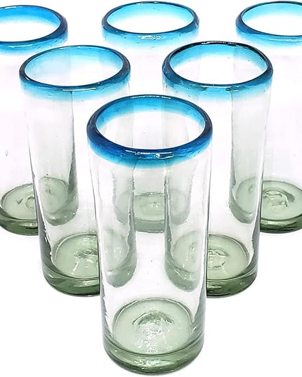 Aqua Blue Rim 15 oz Highball Glasses (set of 6), Recycled Glass, Lead-free, Toxin-Free (Highball)