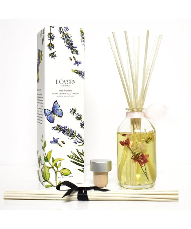 LOVSPA Reed Diffuser Set, Wild Flowers Scented Oil Diffuser with Sticks, Home Fragrance Accessories for Bathroom Shelf Decor, Aroma Diffusers for Home or Office Desk, USA Made