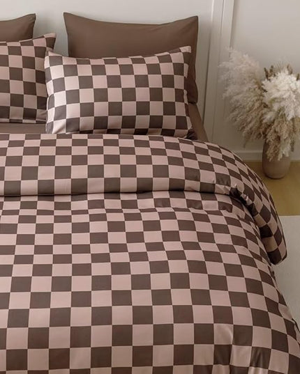 CLOTHKNOW Brown Plaid Comforter Sets Twin/Twin XL 3Pcs Grid Bedding Comforter Sets Dark Brown Checker Comforter Checkered Bedding Sets