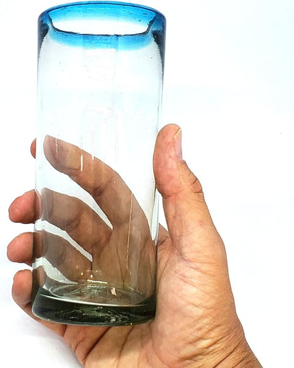 Aqua Blue Rim 15 oz Highball Glasses (set of 6), Recycled Glass, Lead-free, Toxin-Free (Highball)