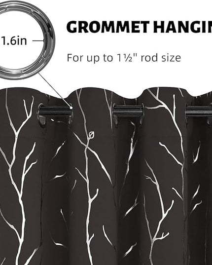 BUHUA Tree Branch Silver Curtains - 72 Inch Length Thermal Insulated, Darkening & Blackout for Living Room & Bedroom, 2 Panel Set, 52W x 72L, Brown