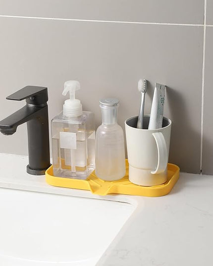 Silicone Bathroom Soap Dishes with Drain Spout-Bathroom and Kitchen Sink Organizer,Sponge Holder,Dish Soap Tray,Perfect for Dispenser,Scrubber,Bottle,Cup on Sink or Counter-Yellow 9.6"×5.3"