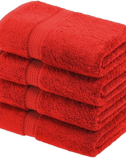 Superior Egyptian Cotton Pile Hand Towel Set of 4, Ultra Soft Luxury Towels, Thick Plush Essentials, Absorbent Heavyweight, Guest Bath, Hotel, Spa, Home Bathroom, Shower Basics, Red